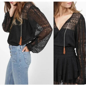 Misa Los Angeles Black Lace Boho Blouse with Tassel Tie